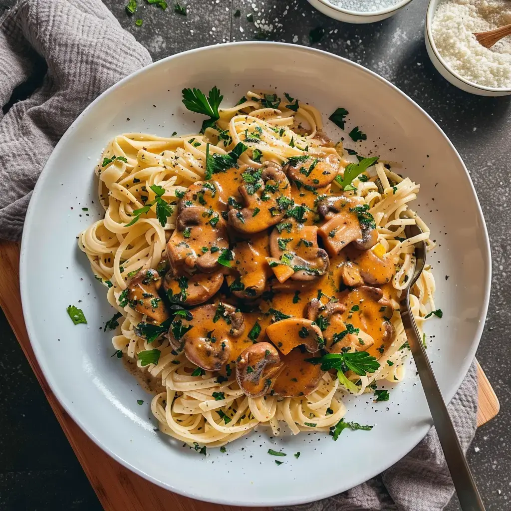 Assiette de tagliatelles nappées d’une sauce crémeuse aux champignons et parsement de persil frais.