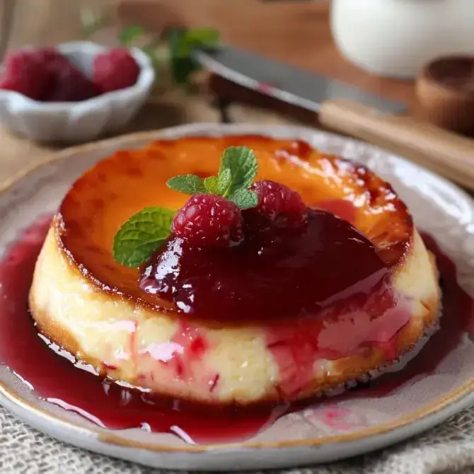 Flan nappé de coulis de framboises, quelques fruits frais et de la menthe sur le dessus.