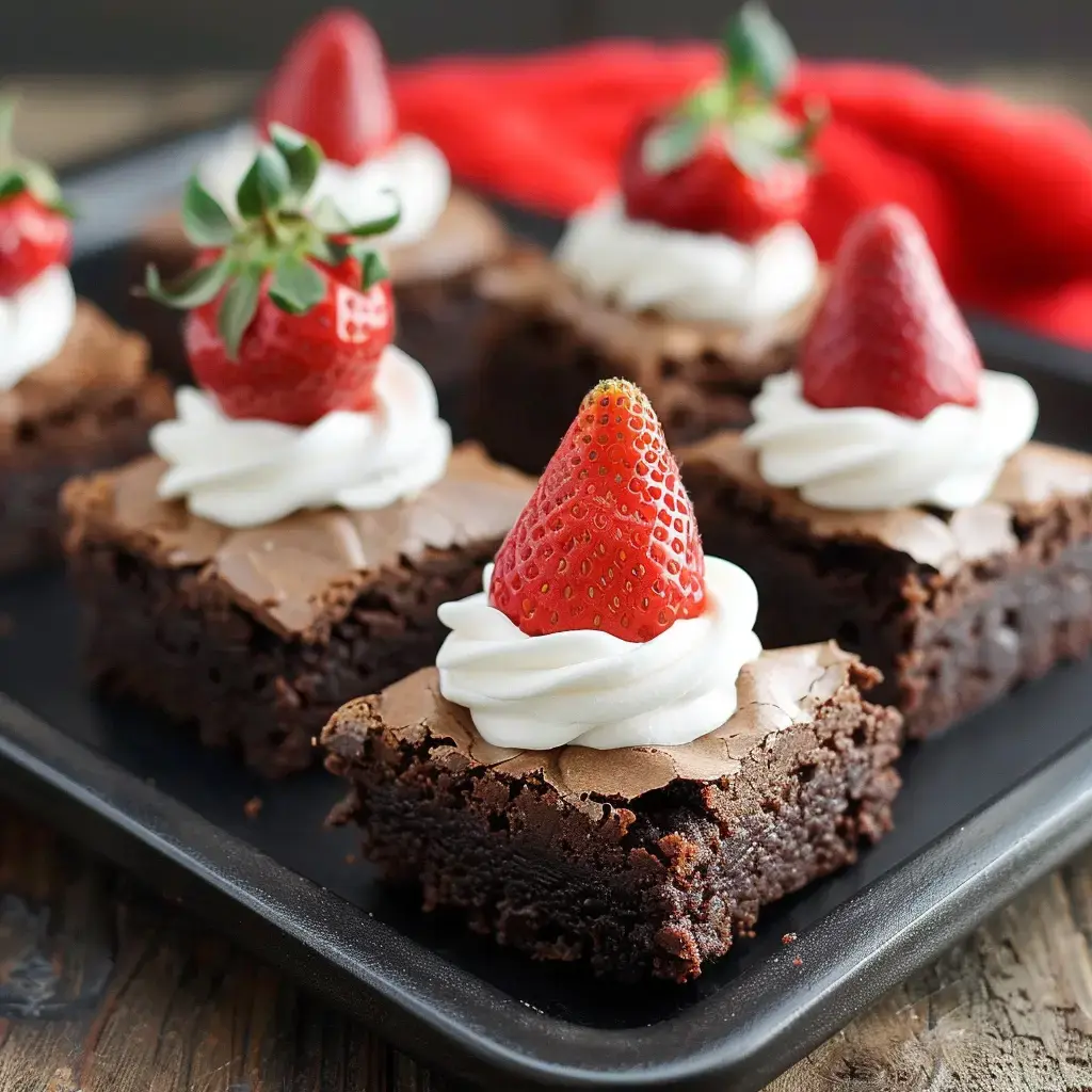 Carrés de brownies chocolatés avec crème fouettée et fraises fraîches sur un plat sombre.