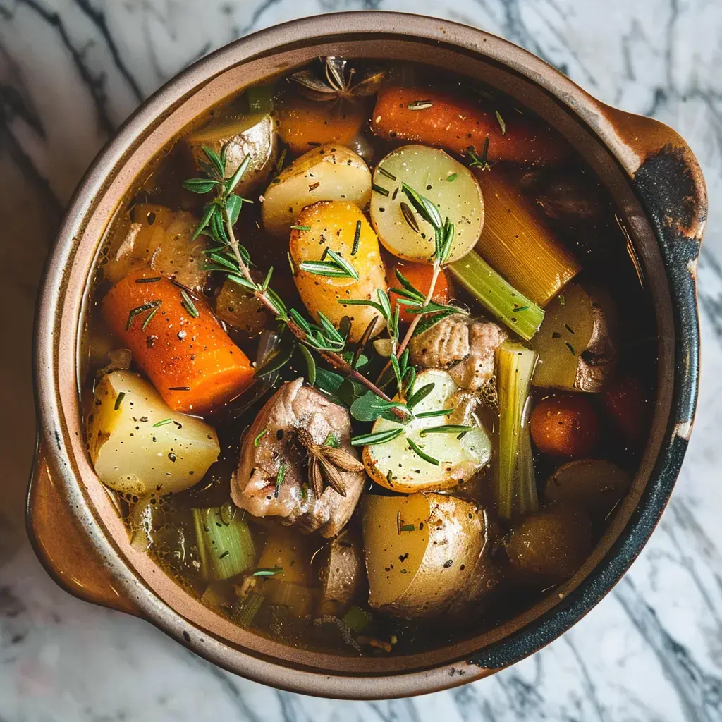 Plat mijoté avec des morceaux de viande et légumes colorés dans une marmite en terre cuite, parfumé aux herbes fraîches.