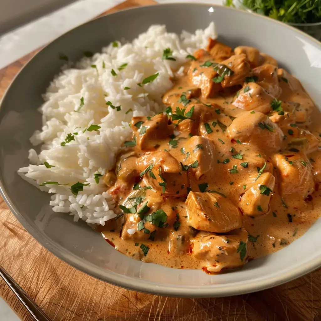 Un grand bol de poulet nappé d’une sauce crémeuse accompagné de riz blanc et d’herbes fraîches.