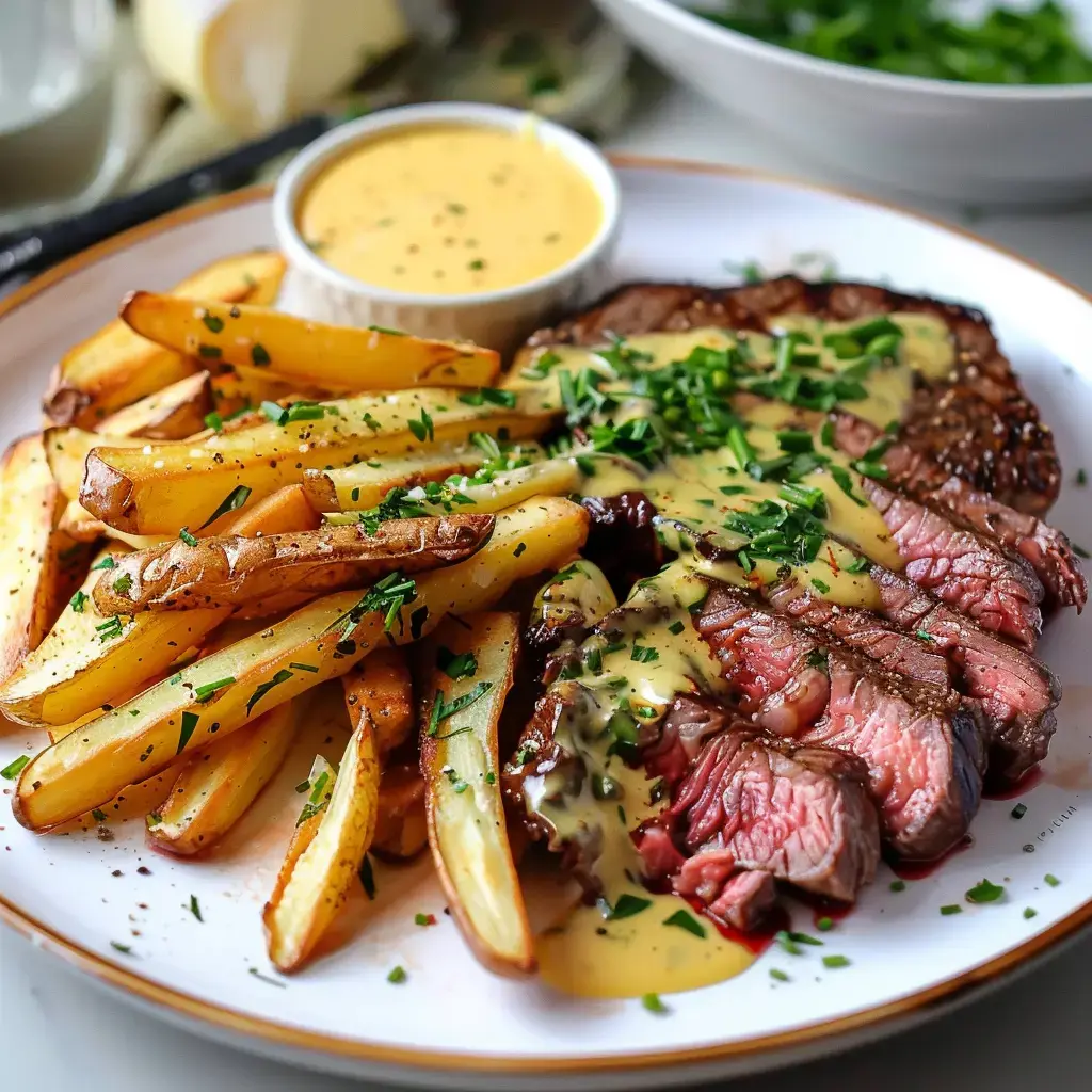 De la viande tendre, des frites bien dorées, béarnaise crémeuse et une touche de ciboulette fraîche sur le dessus.