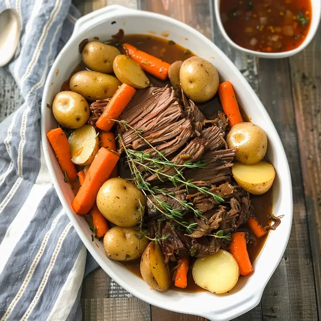 Un service de viande mijotée avec des carottes, pommes de terre et herbes fraîches, disposé dans un plat blanc.