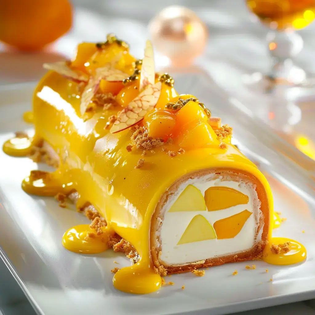 Bûche gourmande garnie de fruits frais et nappage mangue sur assiette blanche.
