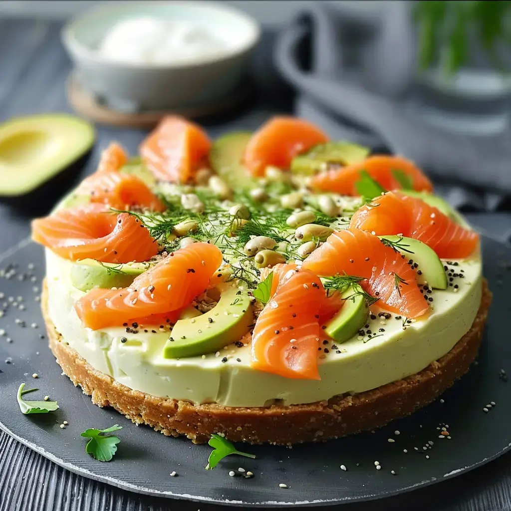 Cheesecake salé décoré de saumon, avocat, graines et herbes fraîches.