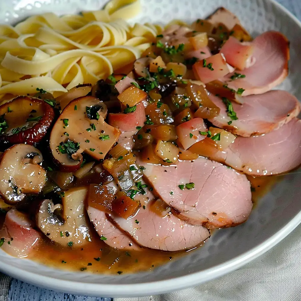 Tagliatelles avec jambon de porc nappé d'une sauce aux champignons, accompagné de quelques légumes.