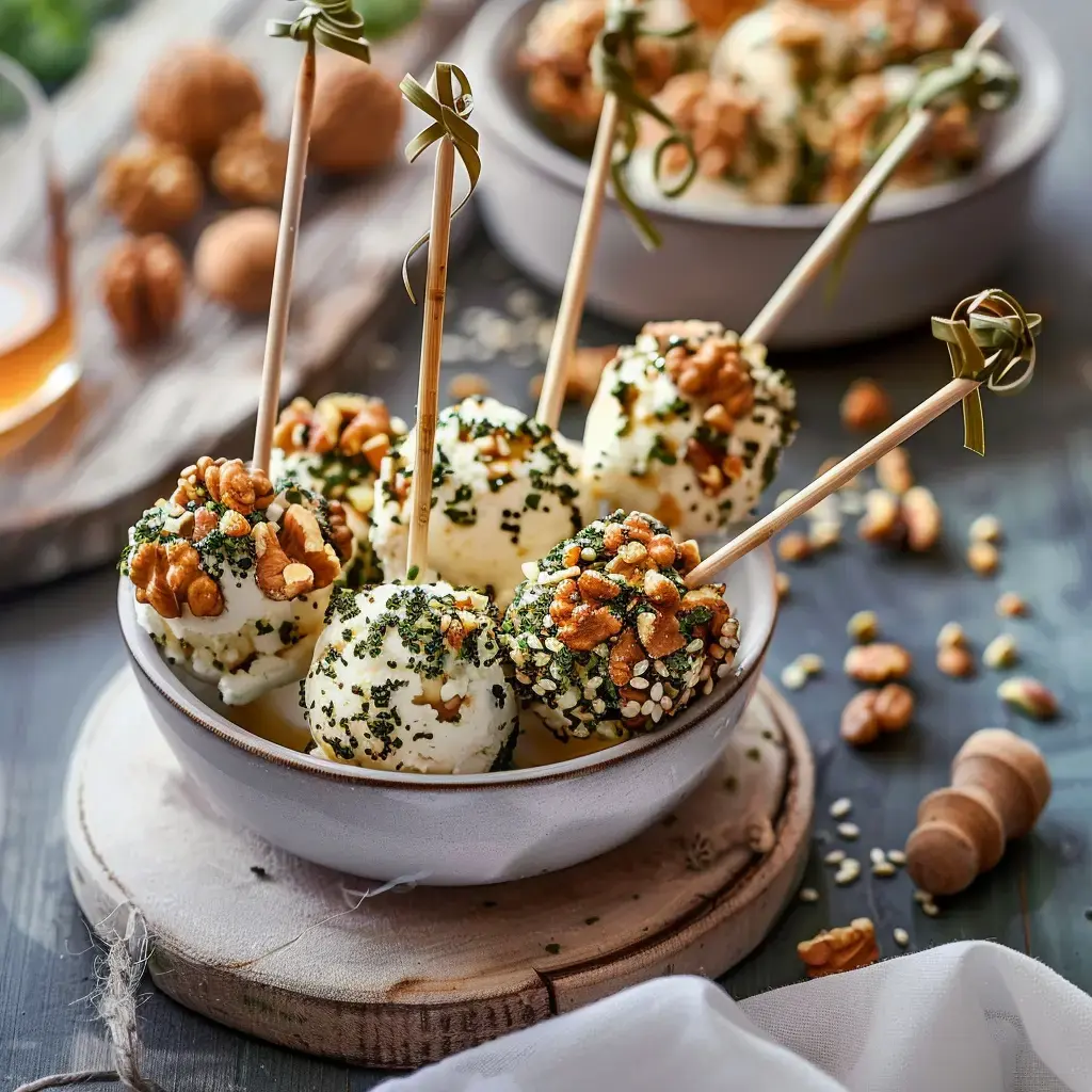 Des bouchées de fromage roulées dans des noix et des herbes, servies piquées sur du bois dans un bol.