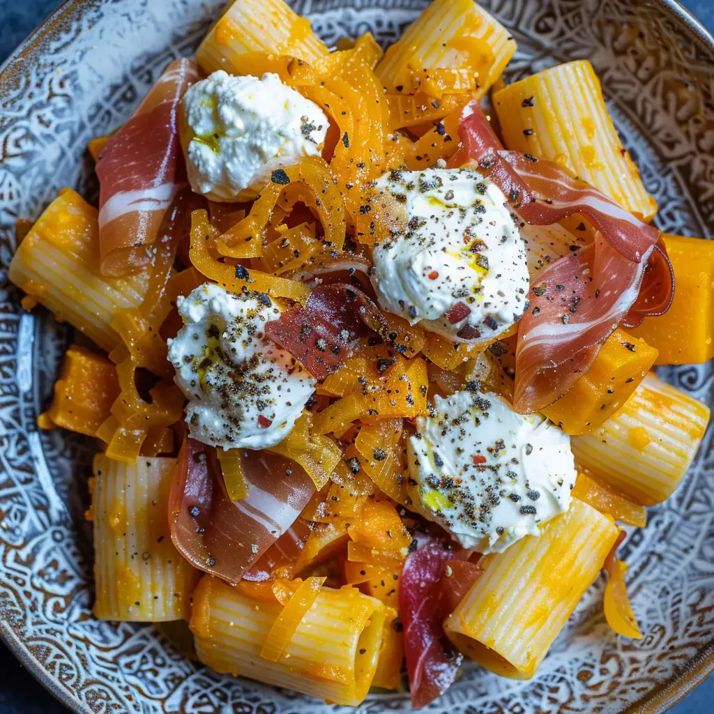 Rigatoni nappés de crème, morceaux de jambon sec, des légumes finement taillés et généreuses cuillerées de ricotta, le tout poivré.