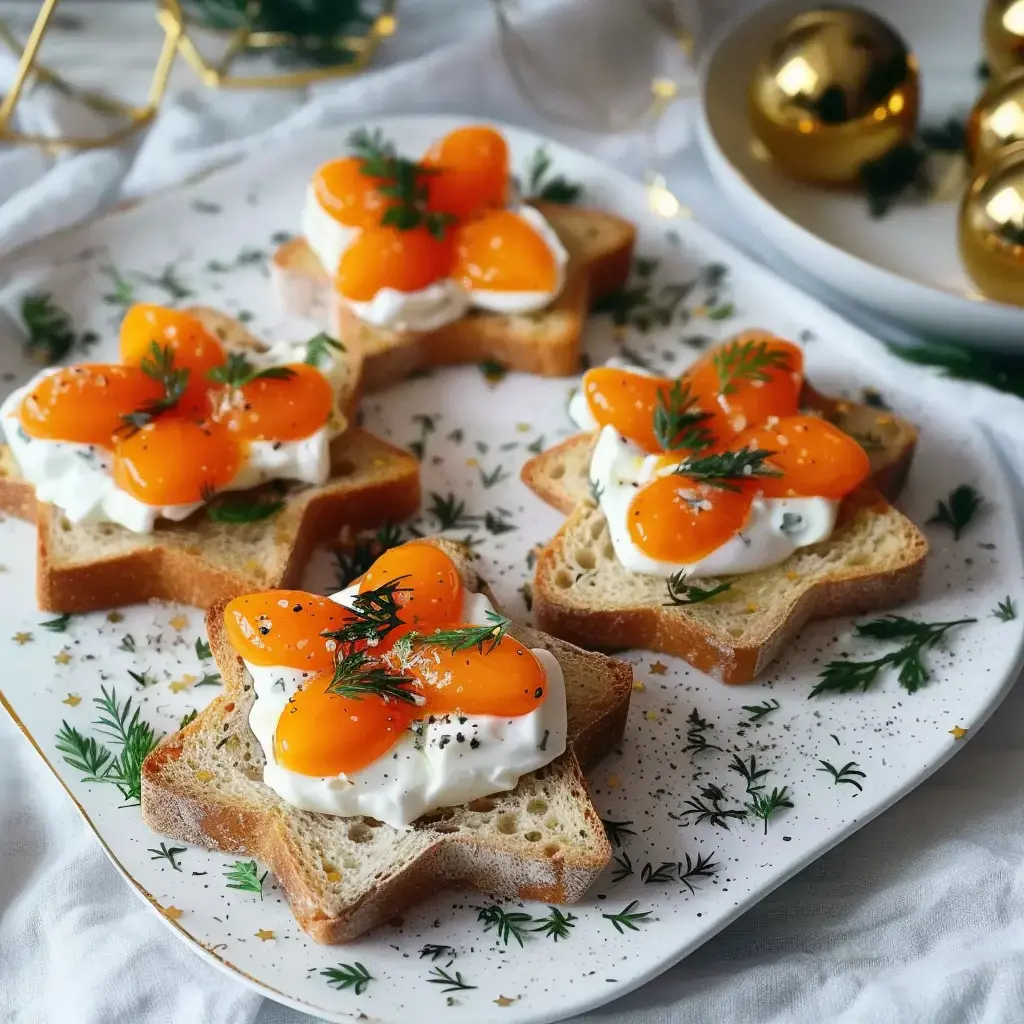Toasts étoiles avec crème et œuf jaune, décorés d’aneth, posés sur de la verdure.