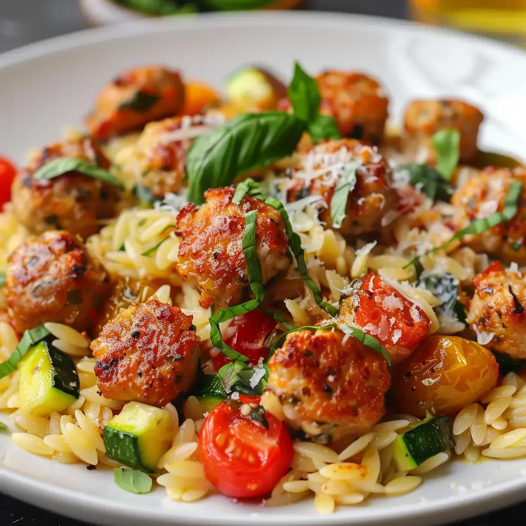 Un orzo crémeux orné de boulettes, légumes colorés et basilic frais.