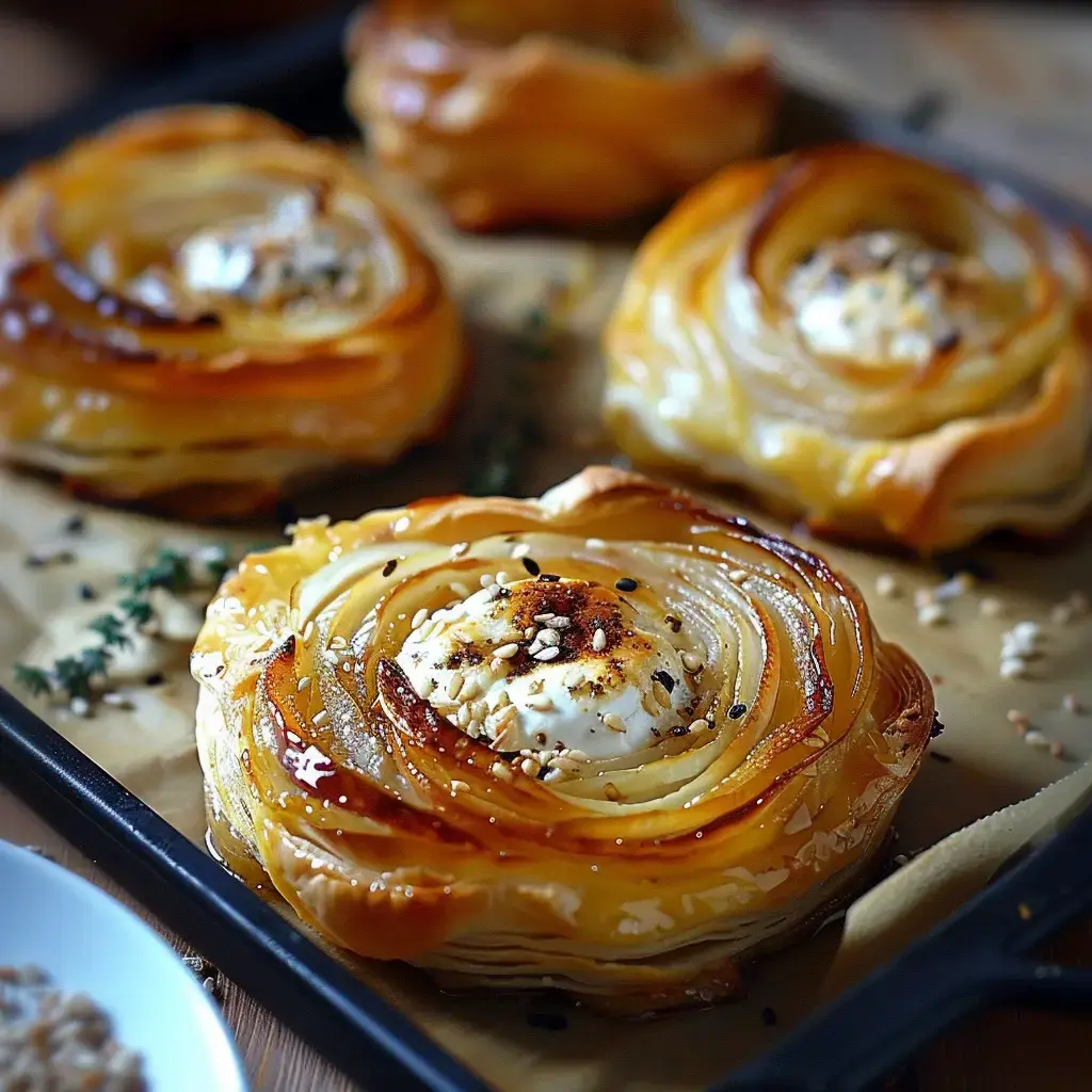 Des petits feuilletés en forme de rose, garnis de fromage fondant et de graines, posés sur une plaque.