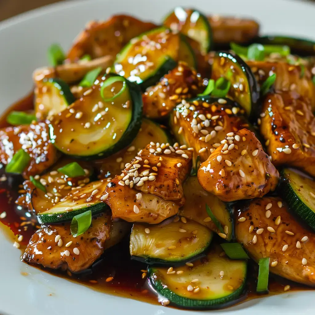 Un délicieux plat de poulet doré et courgettes avec graines de sésame et oignon vert.