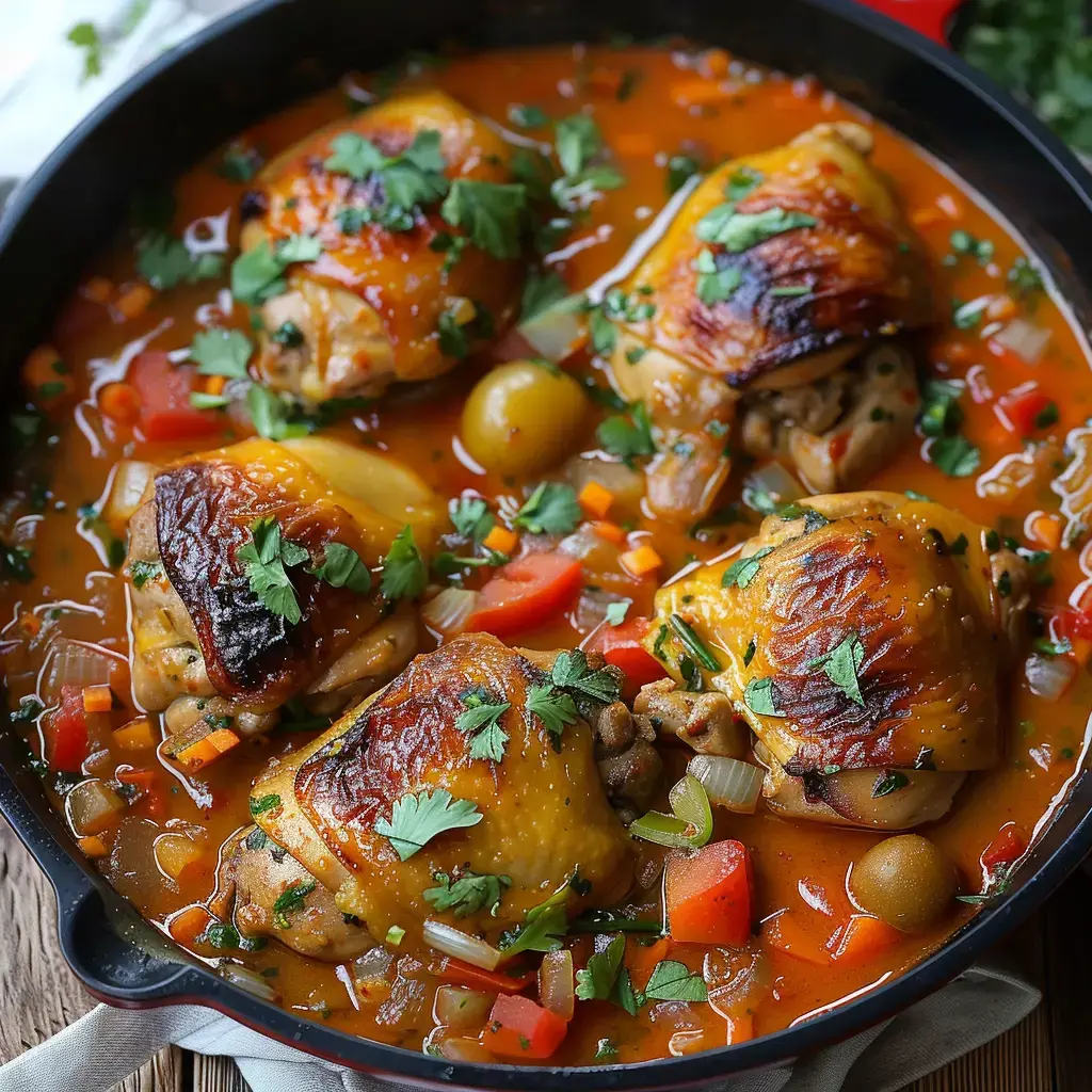 Cuisses de poulet mijotées dans une sauce bien coco pleine de légumes du soleil et parsemées de coriandre fraîche.