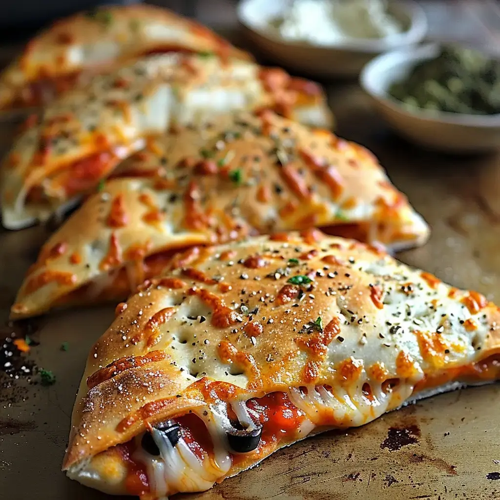 Quatre mini calzones bien dorées, ouvertes pour dévoiler la garniture, servies avec des petits bols de sauces fraîches et d’herbes.