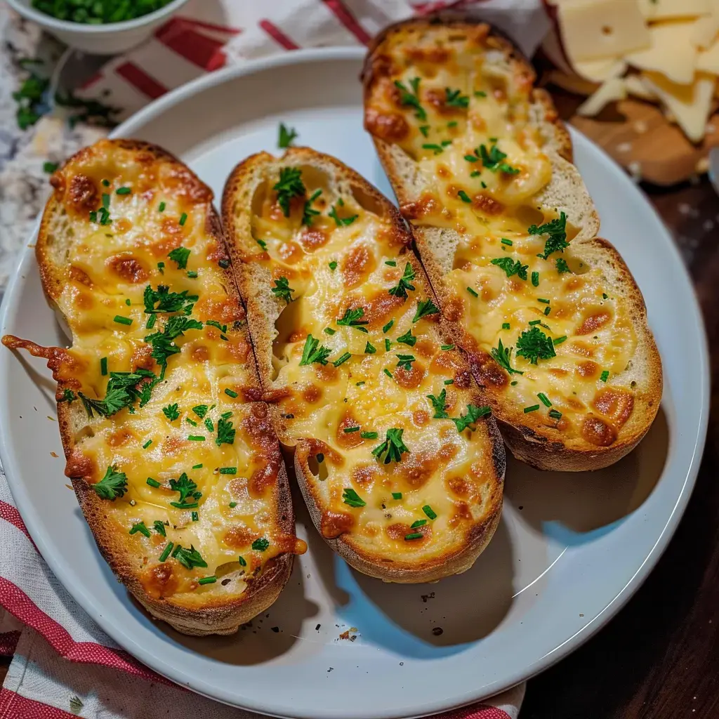 Quelques tartines de baguette bien gratinées au fromage et parsemmées de persil sur une grande assiette blanche.