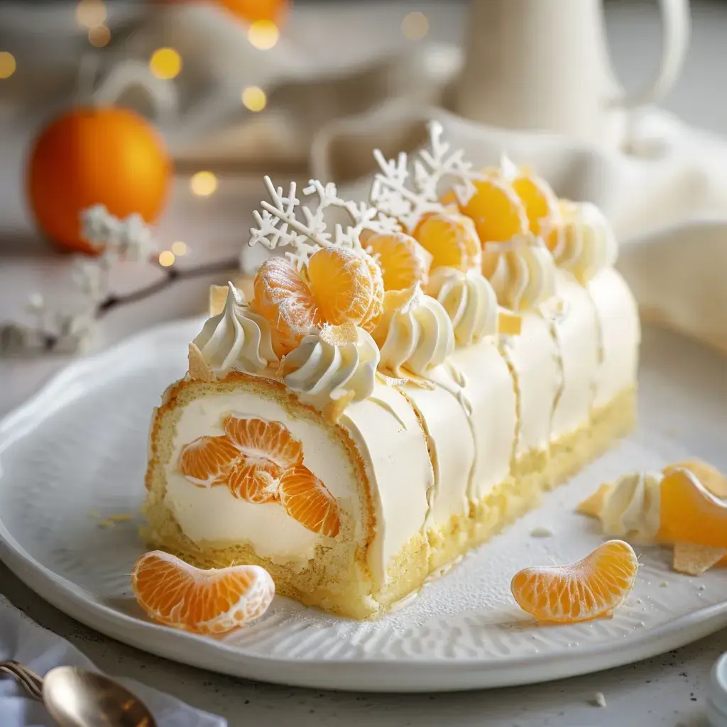 Un roulé moelleux décoré de crème chantilly, quartiers de mandarine et jolis flocons de sucre sur une grande assiette.