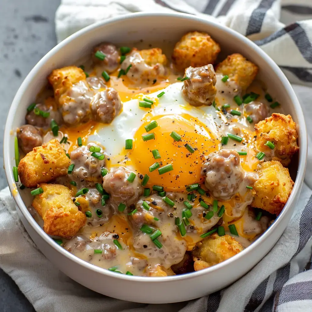 Un bol généreux de pommes de terre croustillantes, saucisse, sauce onctueuse et œuf au plat avec ciboulette.