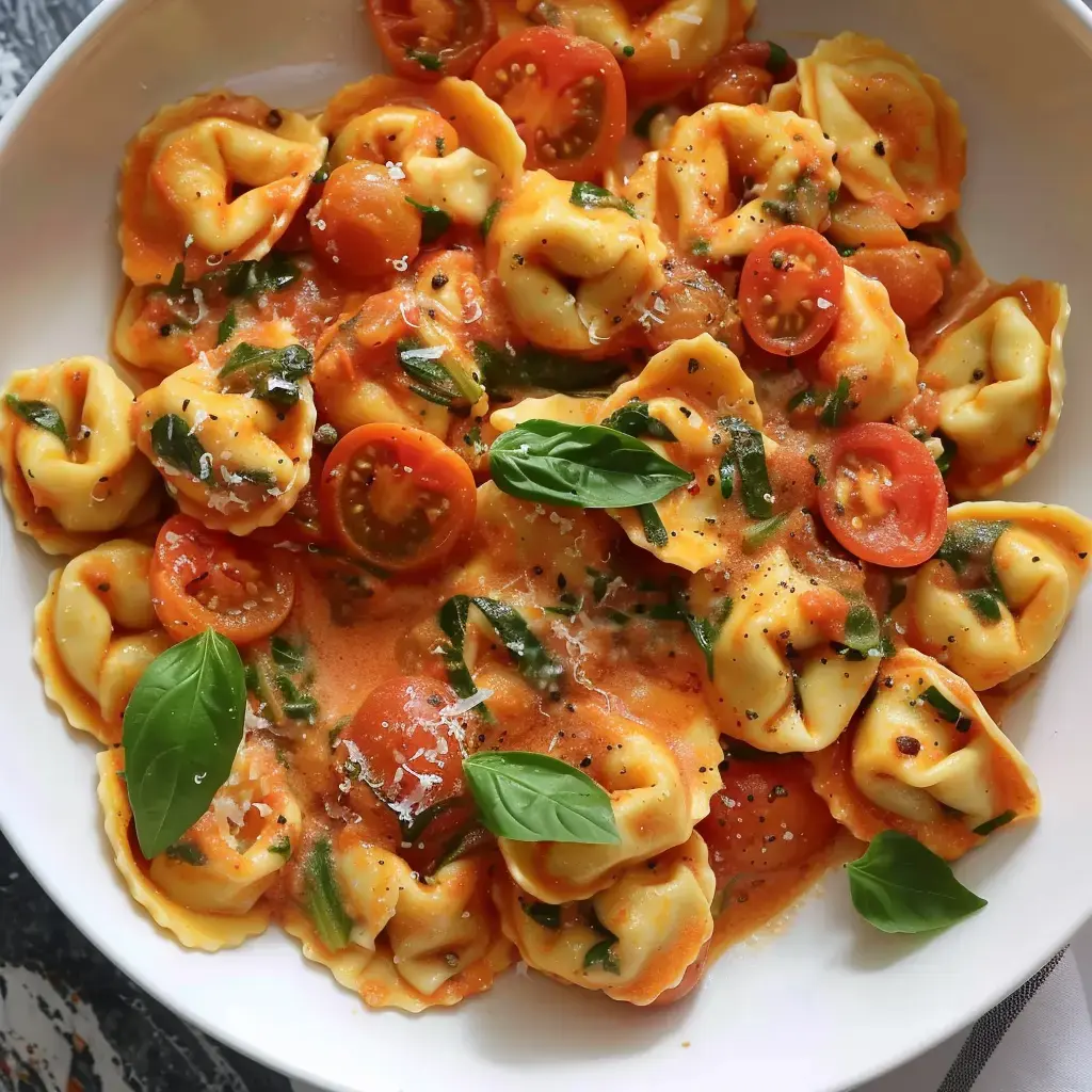 Un grand bol de tortellinis nappés de sauce tomate, tomates cerises et du basilic frais.