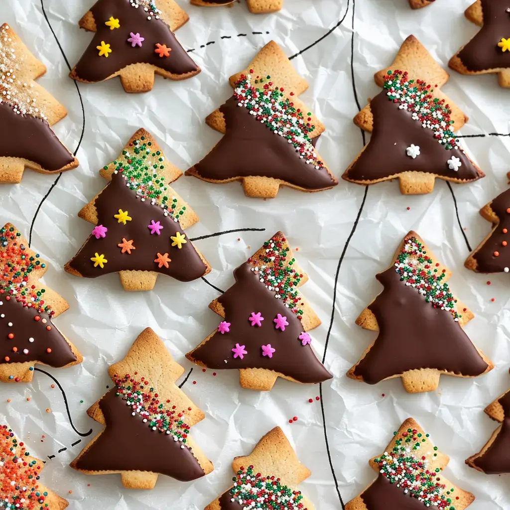 Des sablés sapin nappés de chocolat et saupoudrés de paillettes colorées sur une feuille de papier.