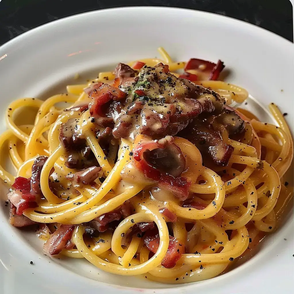 Des spaghetti nappés d'une sauce crémeuse avec des morceaux de bacon et du poivre noir.