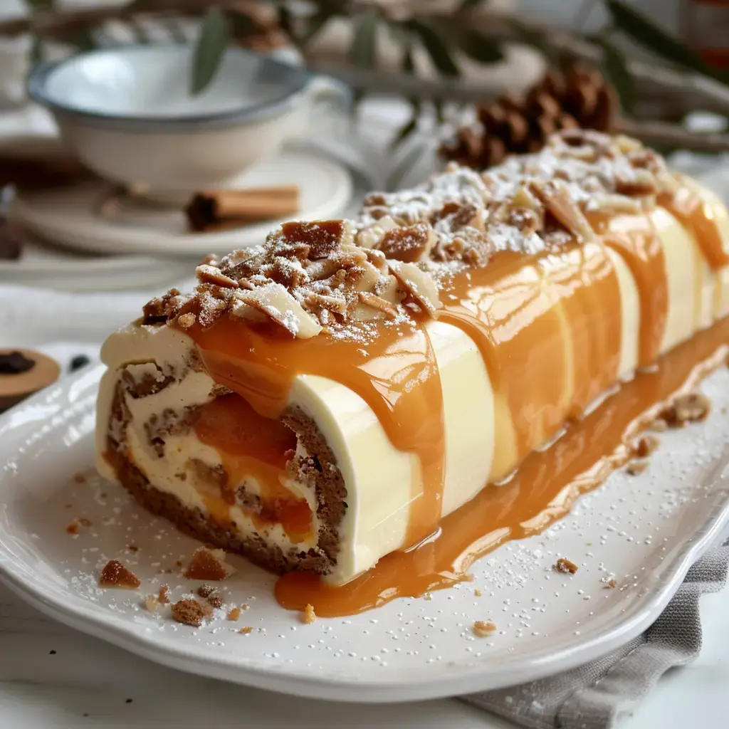 Un roulé garni de crème vanillée et caramel salé, décoré de brisures croquantes et d'une pluie de sucre glace.