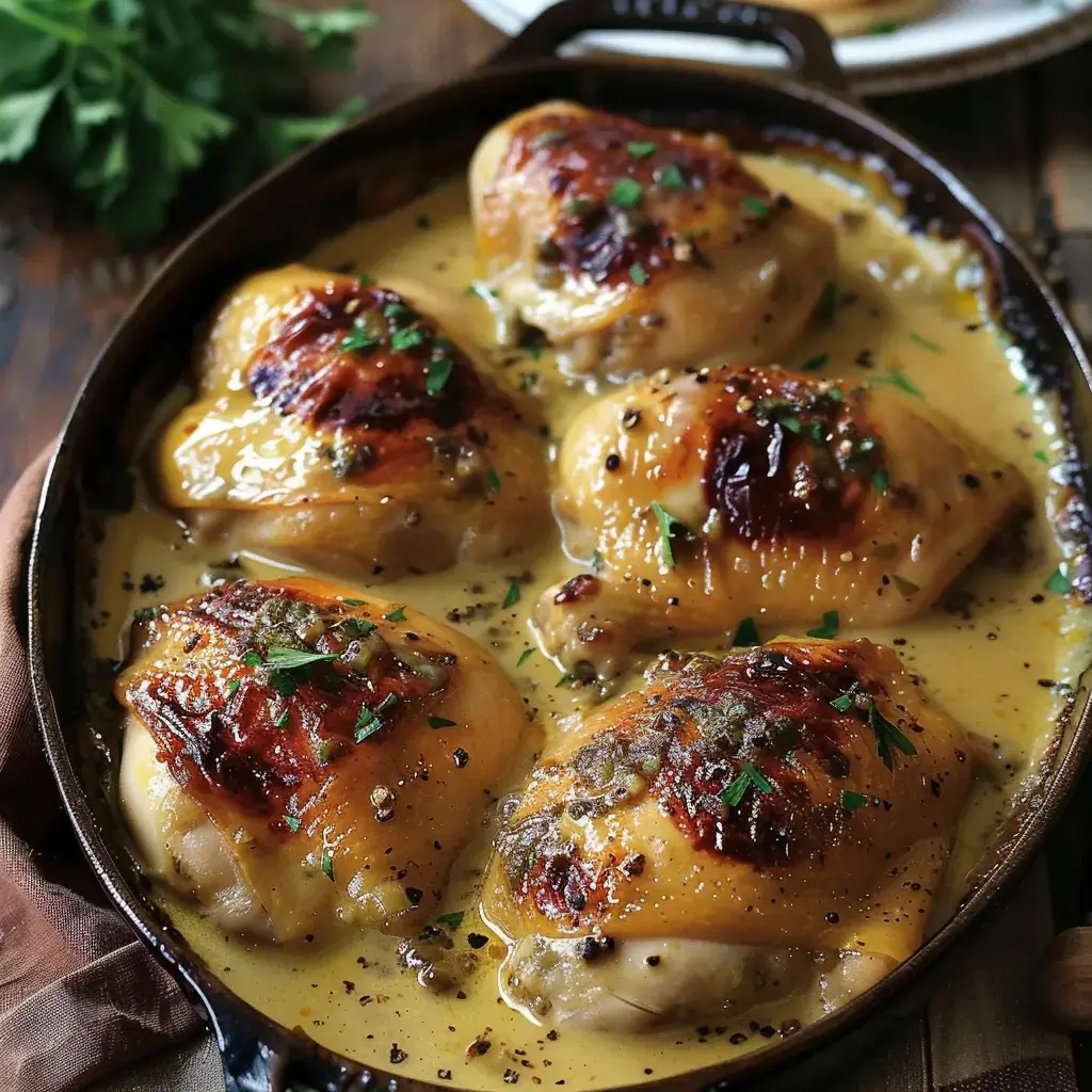 Cuisses de poulet bien dorées nappées d'une sauce crémeuse, parsemées de persil frais, présentées dans une cocotte en fonte.