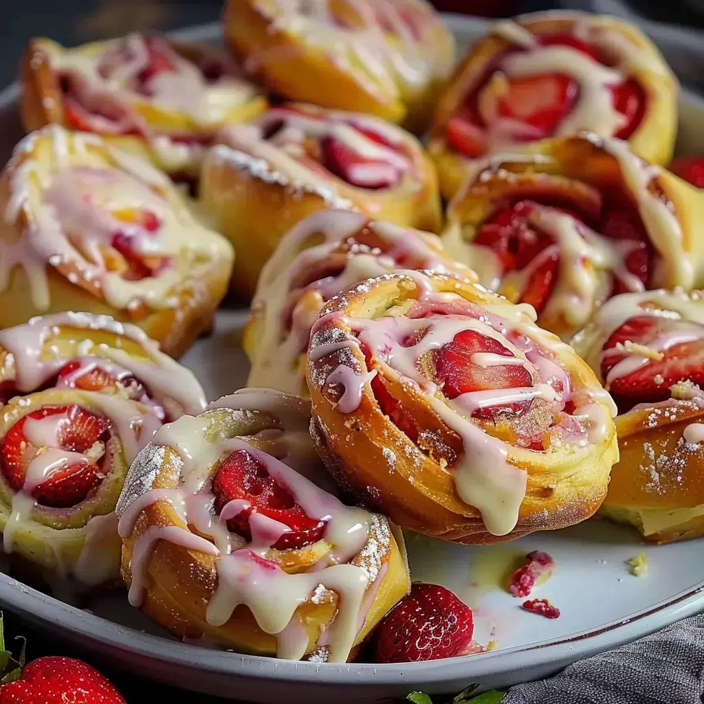 De belles brioches roulées aux fraises nappées d'un glaçage crémeux, présentées sur un plat élégant.