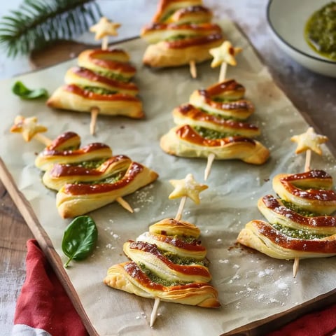 Petites bouchées en forme de sapin, garnies de pesto, avec une étoile au sommet, sur du papier parchemin.