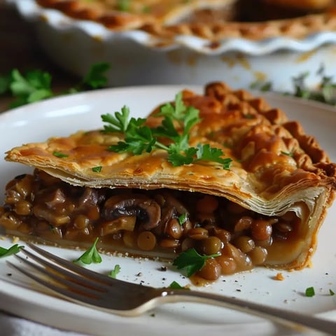 Part de tourte végétarienne croustillante aux champignons et lentilles, décorée de persil frais sur une assiette.