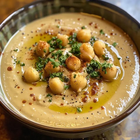 Un bol de houmous orné joliment de coriandre, d'huile d'olive et de pois chiches.