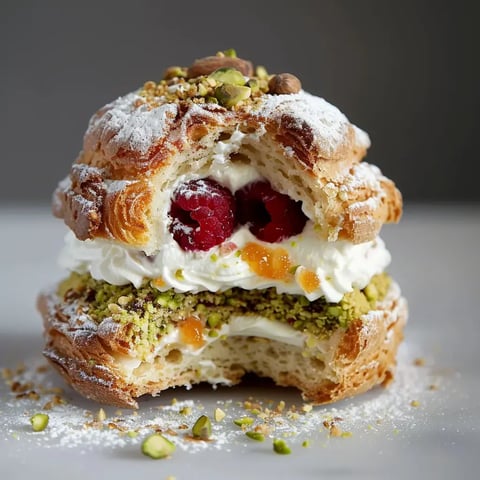 Chou garni de crème onctueuse, framboises et pistaches, un nuage de sucre glace dessus.