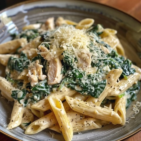 Un bol de penne crémeuses avec épinards et morceaux de poulet, parsemé de fromage.