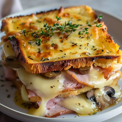 Un sandwich gratiné avec jambon, fromage qui fond et champignons, avec un brin de thym frais dessus.