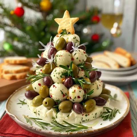 Sapin de Noël fait de fromage avec olives, herbes et étoile en biscuit sur le dessus.