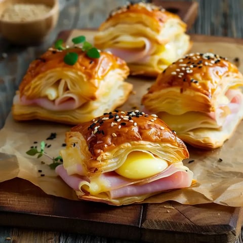 Des bouchées croquantes au jambon et fromage avec un dessus bien doré posées sur une planche à partager.