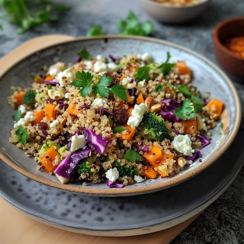Un bol coloré avec quinoa, carottes en cubes, brocoli, chou rouge, herbes et morceaux de feta.