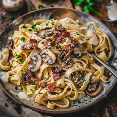 Plateau de pâtes onctueuses aux champignons et lardons, parsemées de persil frais et de fromage.
