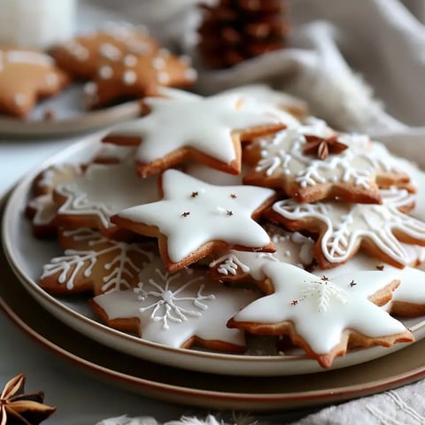 Des gâteaux en étoile et flocon décorés de glaçage blanc et motifs élégants sur une assiette festive.