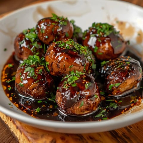 Bol de champignons nappés d'une sauce sombre, décorés de ciboulette ciselée.