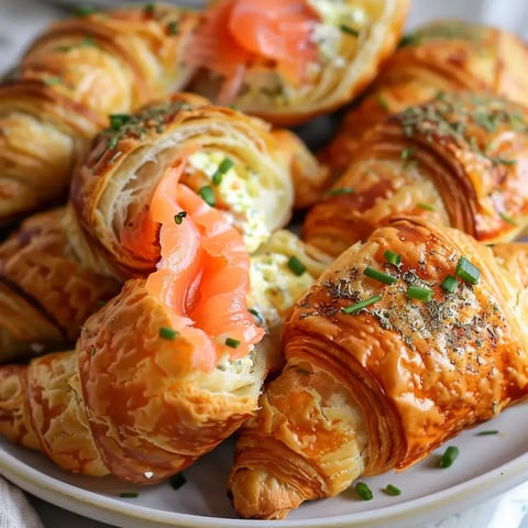 Délicieux croissants dorés au saumon fumé avec une touche de crème aux herbes, joliment garnis de ciboulette.