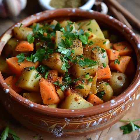 Assortiment de légumes colorés comme carottes et pommes de terre, assaisonnés avec des épices et du persil frais, servis dans une marmite en terre cuite.