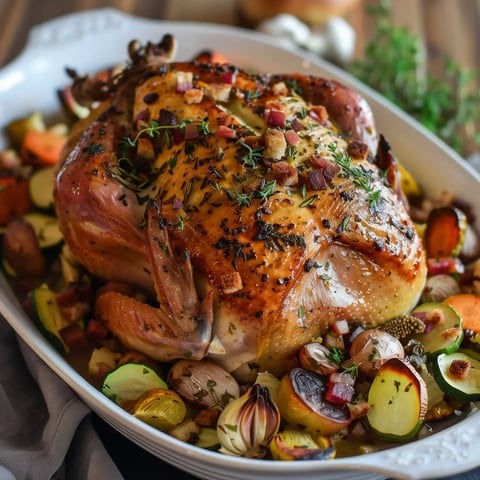 Une dinde cuite à la perfection avec des herbes fraîches et des lardons, accompagnée de légumes colorés.