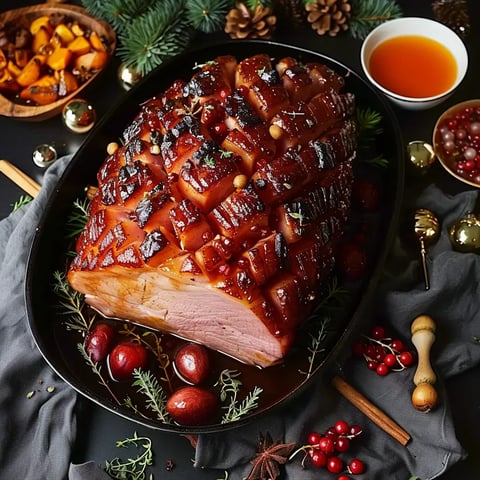 Une pièce de jambon délicatement glacée avec miel et décorée d’herbes, baies rouges et fruits dans une ambiance festive.