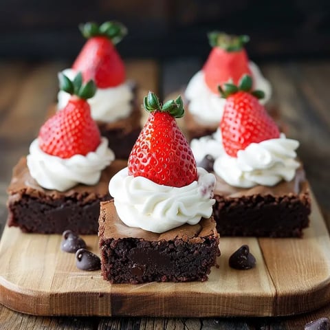 Petits brownies moelleux décorés de crème fouettée et fraises, servis sur une planche en bois.