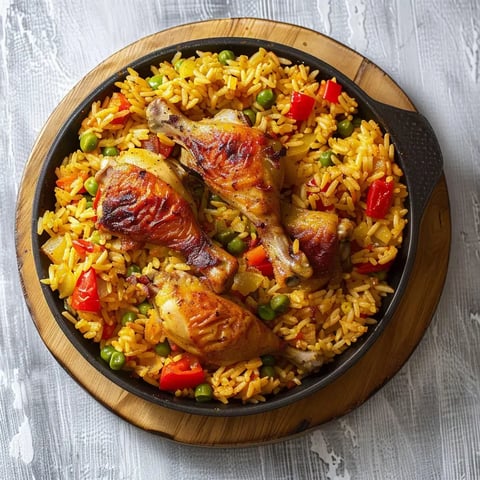 Grande assiette de riz doré, cuisses de poulet croustillantes, poivrons rouges et petits pois colorés.
