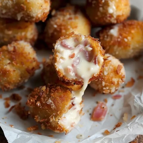 Croquettes croustillantes, l'intérieur montrant une farce fondante au jambon.