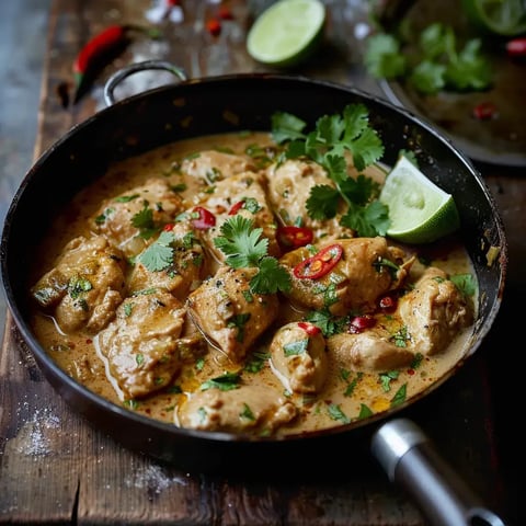 Poulet mijoté avec sauce crémeuse, coriandre, piment et quartiers de citron vert, présenté dans une poêle.
