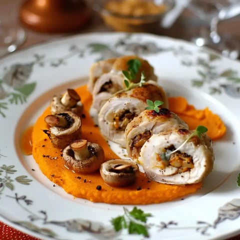 Des roulés de dinde raffinés avec purée patate douce et champignons grillés.