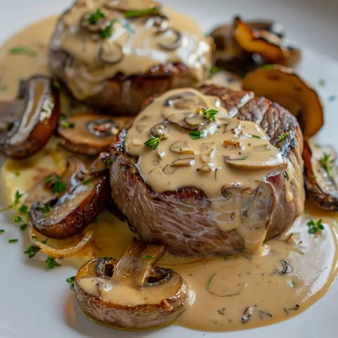 Deux morceaux de filet mignon arrosés d'une sauce onctueuse aux champignons, entourés de fines tranches de champignons et d'herbes.