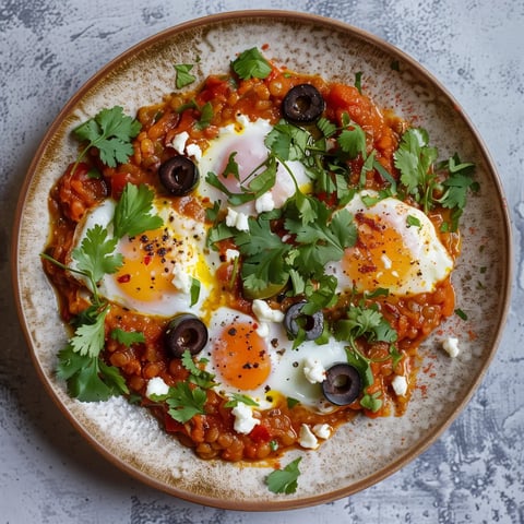 Un bol de lentilles épicées accompagné d'œufs pochés, des olives et des herbes fraîches, servi prêt à déguster.